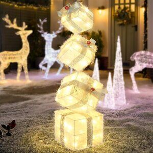 Christmas Lighted Gift Box Decorations 4-Piece Set – Battery Operated Stackable